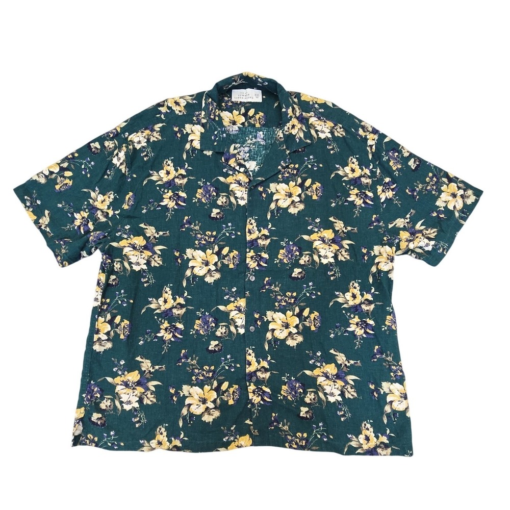 Abercrombie & Fitch Green Floral Summer Linen Blend Camp Shirt XXL